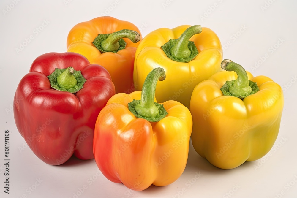 four colorful bell peppers arranged in a row Generative AI four colorful bell peppers arranged in a row Generative AI