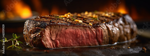 Mouthwatering Grilled Steak in Banner, Seasoned with a Mix of Herbs and Peppers.