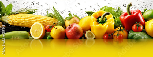 Colorful Banner Layout Showcasing Fresh Fruits and Vegetables in Red and Yellow