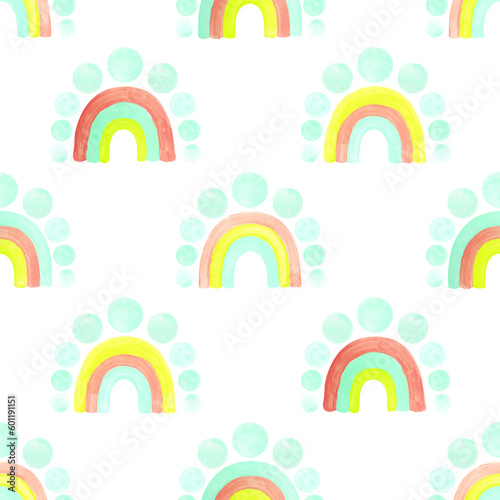 Watercolour illustration. Rainbows and clouds on white background. Seamless floral pattern-264.