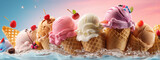 Tempt your taste buds with this mouthwatering banner, showcasing a variety of ice cream in waffle cones against a bright backdrop.