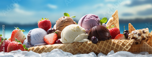 Banner with ice cream in a waffle cone on a summer day. Generative AI. photo