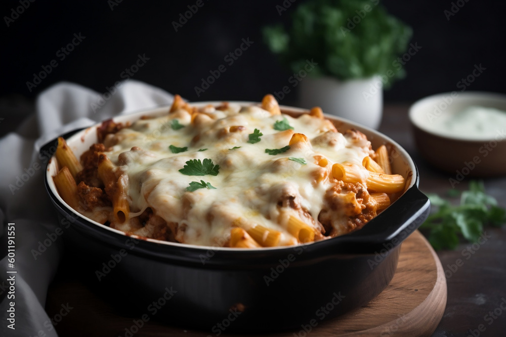 A casserole of baked ziti with sausage, mozzarella, and ricotta cheese, AI-generated art, Generative AI, illustration A casserole of baked ziti with sausage, mozzarella, and ricotta cheese, AI-generated art, Generative AI, illustration