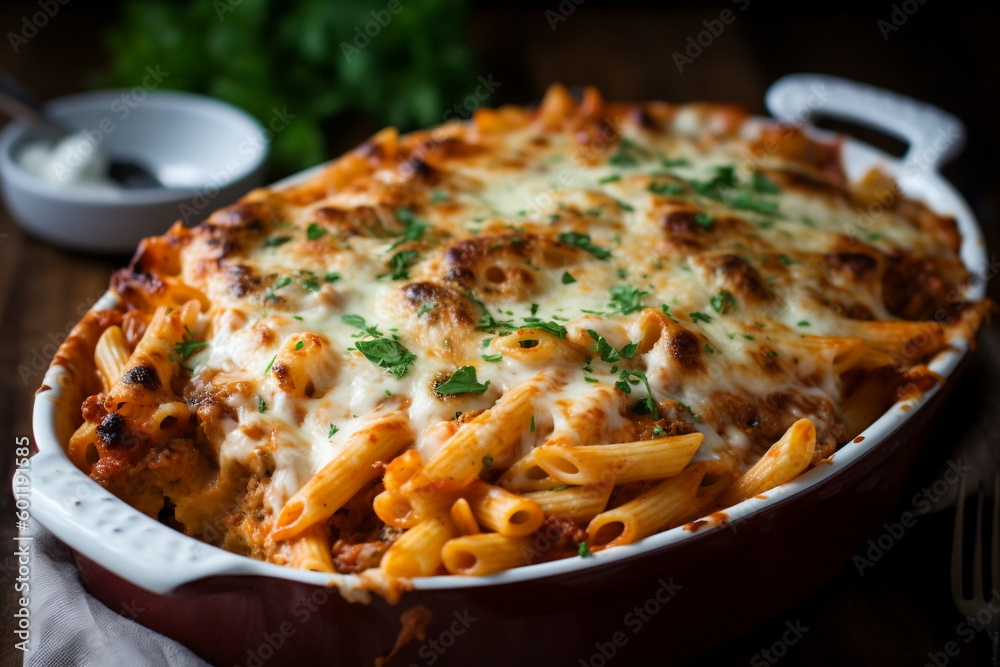 A casserole of baked ziti with sausage, mozzarella, and ricotta cheese, AI-generated art, Generative AI, illustration A casserole of baked ziti with sausage, mozzarella, and ricotta cheese, AI-generated art, Generative AI, illustration