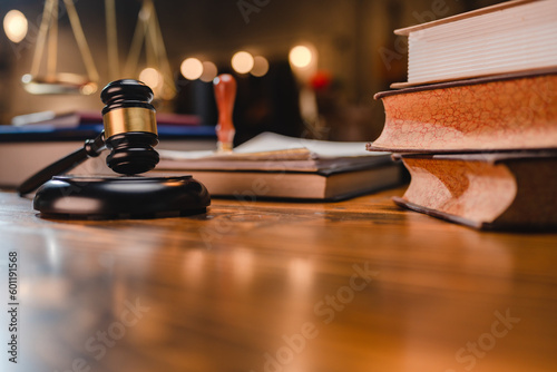 law and authority lawyer concept, judgment gavel hammer in court courtroom for crime judgement legislation and judicial decision, judge having justice of punishment guilt and criminal verdict legal photo