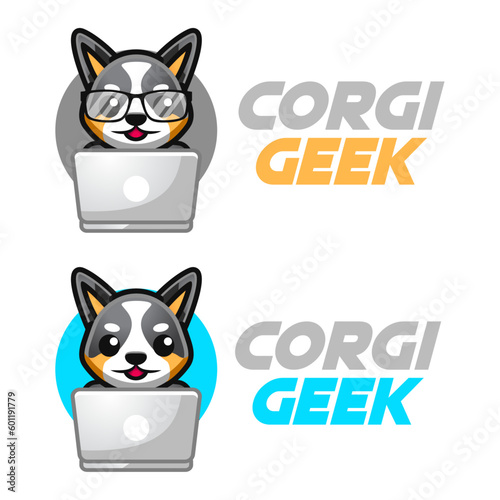 Modern vector flat design simple minimalist logo template of corgi dog geek nerd smart mascot character vector collection for brand, emblem, label, badge. Isolated on white background.