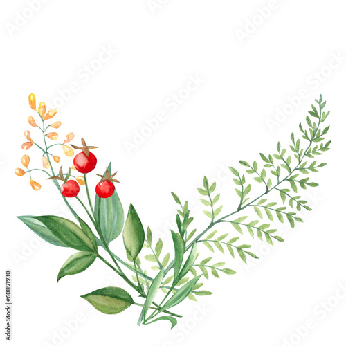 Watercolor summer corner bouquet of green branches, wildflowers and red berries. Botanical hand drawn illustration isolated on white background. Can be used for greeting cards, invitations, floral