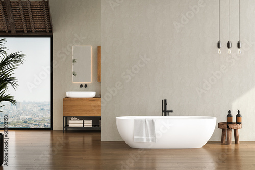 Stylish bathroom interior with parquet floor, window with city view, white walls, bathtub, and white sink with vertical mirror and wooden vanity. 3d rendering, Mock up