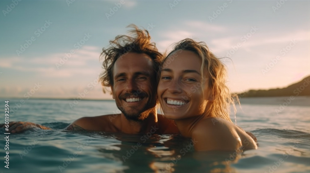 young adult couple woman and man swims in the sea near the beach, summer vacation time, fictional place. Generative AI young adult couple woman and man swims in the sea near the beach, summer vacation time, fictional place. Generative AI
