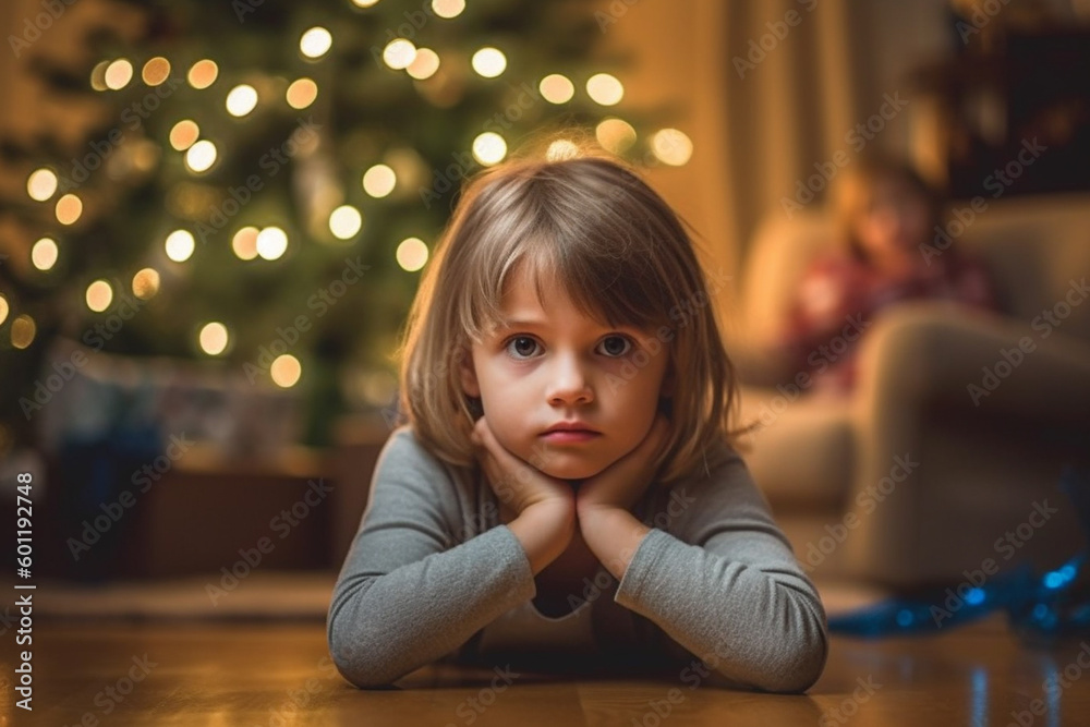 kid in bad mood, waiting or disappointed, kid girl in living room with christmas tree. Generative AI kid in bad mood, waiting or disappointed, kid girl in living room with christmas tree. Generative AI