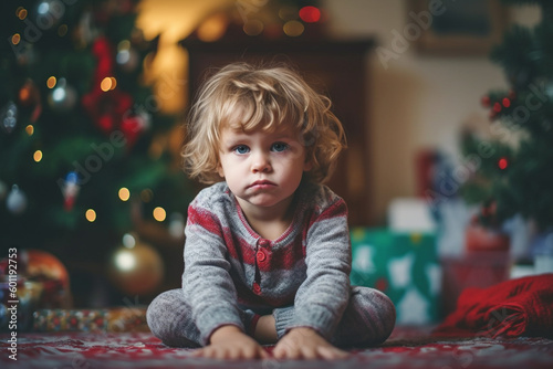 kid in bad mood, waiting or disappointed, kid girl in living room with christmas tree. Generative AI