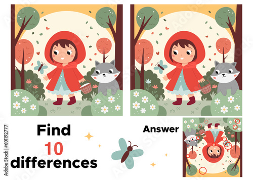 Educational game. Find differences. Red Riding Hood and gray wolf. Classical fairy tale. Cute cartoon characters. Printable puzzle. Vector illustration.