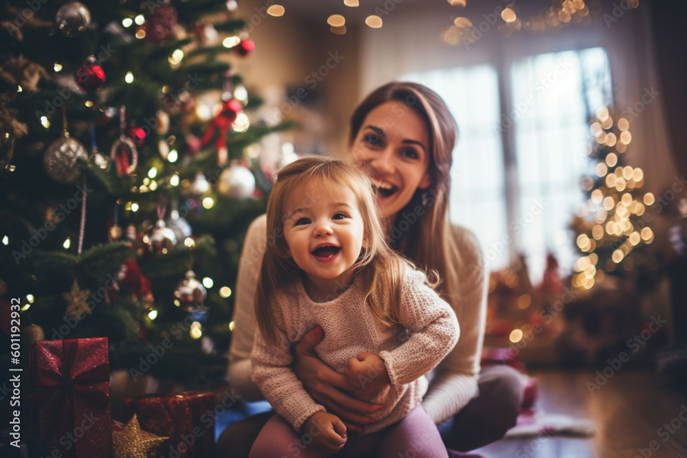 young adult woman with her child, toddler girl and mother woman hug, at christmas in living room with christmas presents and christmas tree. Generative AI