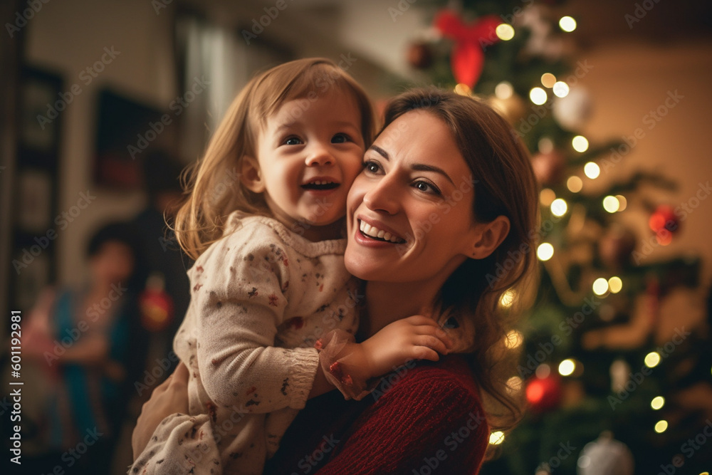 young adult woman with her child, toddler girl and mother woman hug, at christmas in living room with christmas presents and christmas tree. Generative AI