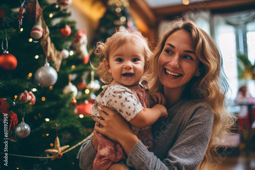 young adult woman with her child, toddler girl and mother woman, at christmas in living room with christmas presents and christmas tree. Generative AI