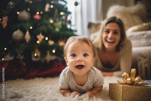 young adult woman with her child  toddler girl and mother woman  at christmas in living room with christmas presents and christmas tree. Generative AI