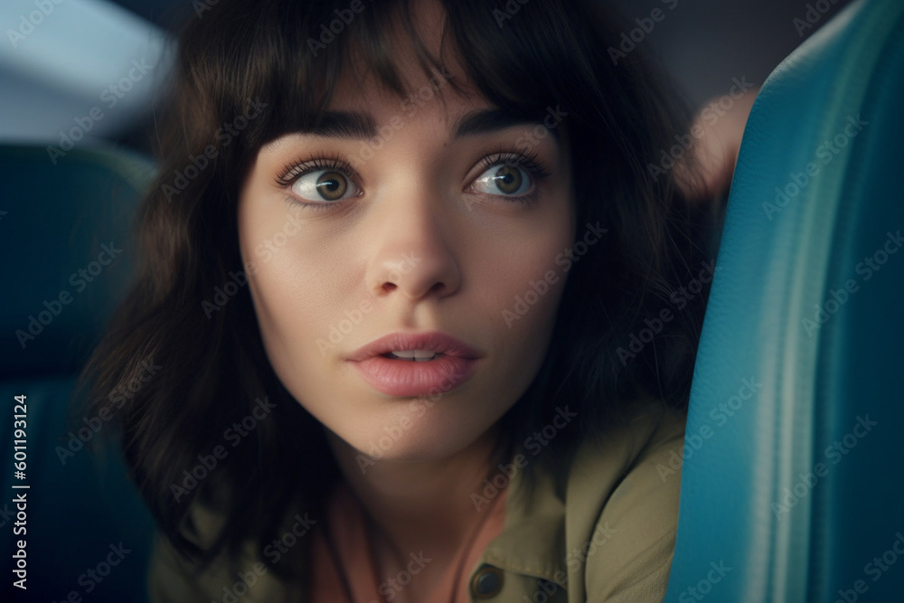 young adult woman sitting in airplane and having problem or worries. Generative AI young adult woman sitting in airplane and having problem or worries. Generative AI