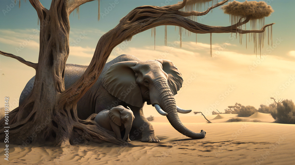 Fototapeta premium An elephant sitting on a branch in the sand