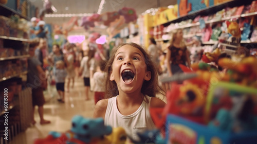Toy store, a child with extreme excessive joy and fun, girl overjoyed surrounded by lots of toys. Generative AI © wetzkaz