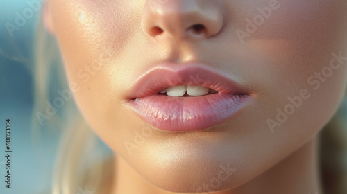 closeup mouth and lips and teeth of a young adult woman. Generative AI