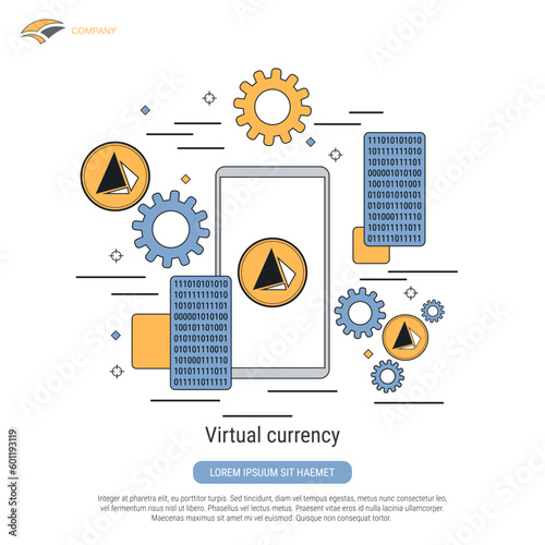 Virtual currency, digital money, mobile cryptowallet flat contour style vector concept illustration