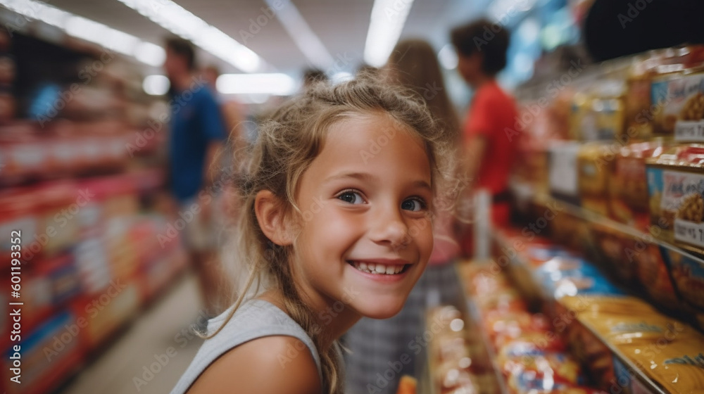 child makes fun nonsense and jokes in the supermarket, on the way shopping with the family, playing hide and seek between the product shelves, toddler girl. Generative AI