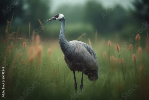 Grey crane on green meadow. Generative AI