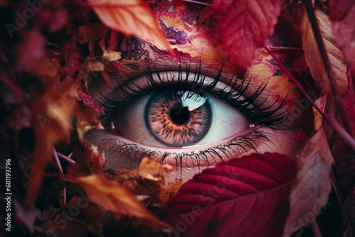 Human eye macro with autumn leaves. Ai generated © dragomirescu