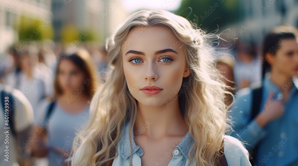 young adult woman with long wavy blonde hair in a city, city life at a young age. Generative AI young adult woman with long wavy blonde hair in a city, city life at a young age. Generative AI