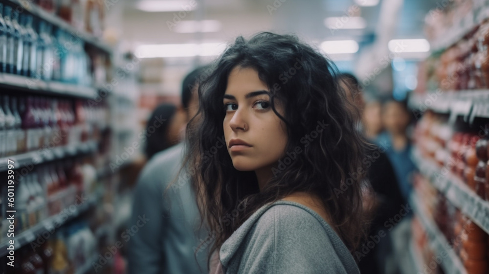 young woman shopping, serious look, questioning or not understanding, annoyed by fictitious reason. Generative AI