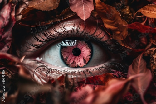 Human eye macro with autumn leaves. Ai generated © dragomirescu