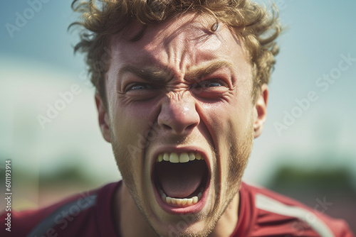 angry young teeager or young adult man, in soccer stadium on soccer field, upset and dramatic anger and incomprehension, commanding, team captain. Generative AI