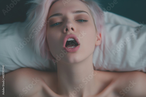 woman is in bed and has str...