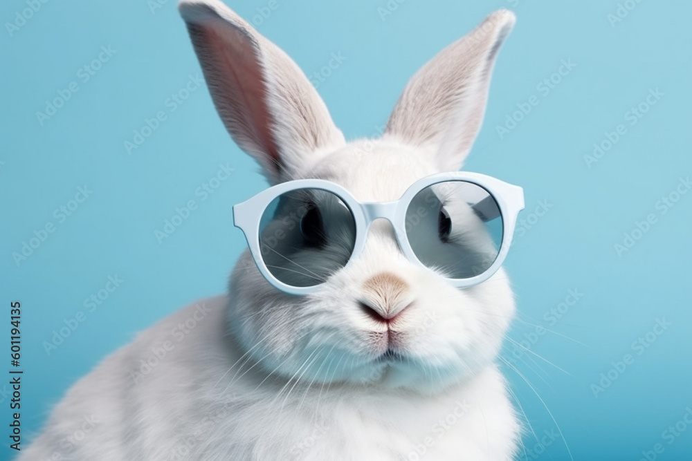 Cool white rabbit with sun glasses against a blue background. Ai generated Cool white rabbit with sun glasses against a blue background. Ai generated