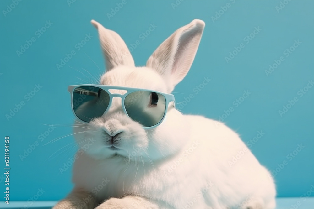 Cool white rabbit with sun glasses against a blue background. Ai generated Cool white rabbit with sun glasses against a blue background. Ai generated