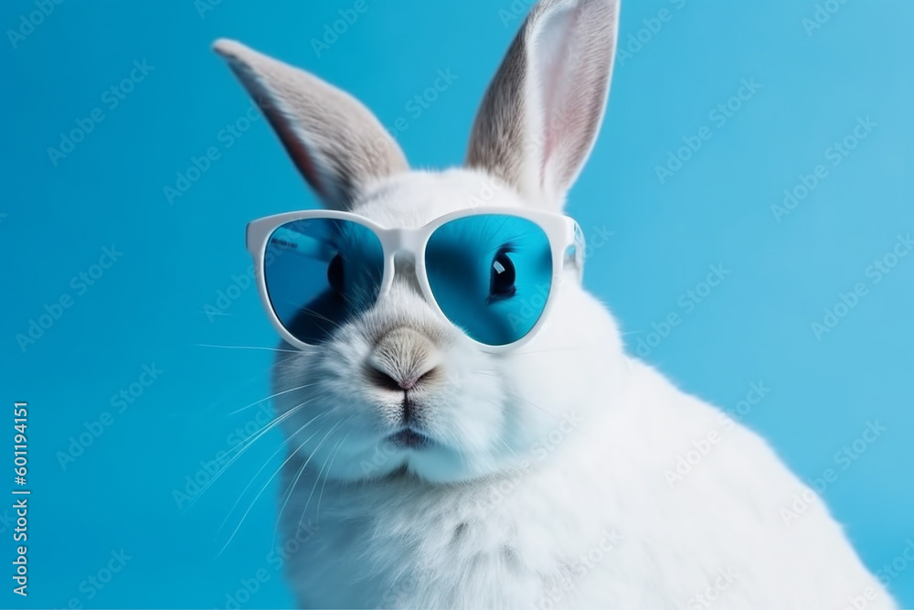 Cool white rabbit with sun glasses against a blue background. Ai generated