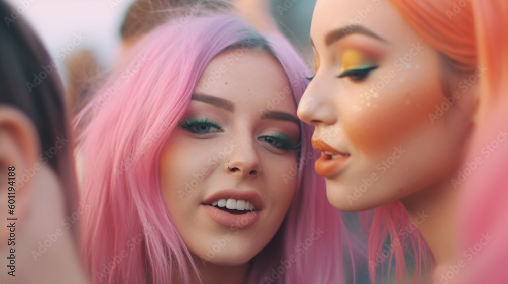 two teenage girls or young adult women with dyed hair, pink and bright hair color, in everyday life outside in the middle of a conversation among friends. Generative AI two teenage girls or young adult women with dyed hair, pink and bright hair color, in everyday life outside in the middle of a conversation among friends. Generative AI