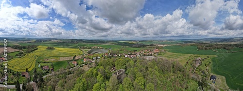 castle Vlctejn ruins (Zricenina hradu Vlctejn) aerial panorama landscape view of old castle walls in the forest,Czech republic
 photo