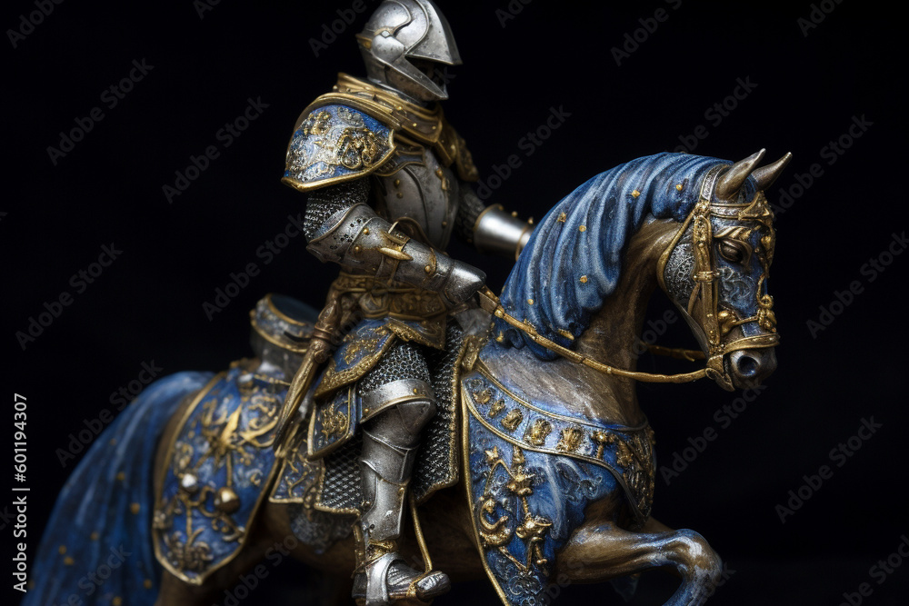 Fototapeta premium Figurine of blue knight on horse. Ai generated