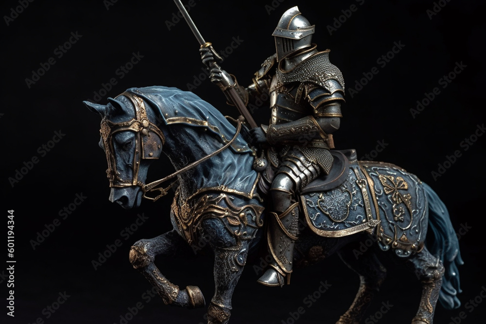 Figurine of blue knight on horse. Ai generated