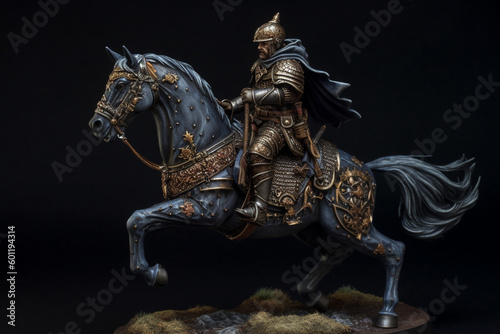 Figurine of blue knight on horse. Ai generated