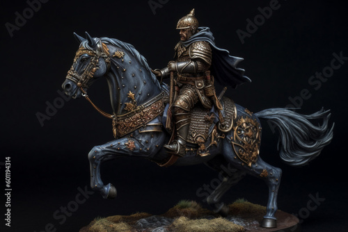 Figurine of blue knight on horse. Ai generated © dragomirescu