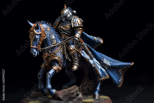 Figurine of blue knight on horse. Ai generated