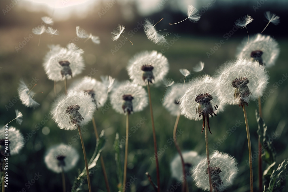 Green field full of beautiful dandelions. Ai generated Green field full of beautiful dandelions. Ai generated