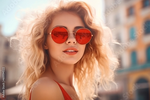 young adult woman blonde with red sunglasses, sunshine summer day outdoor. Generative AI