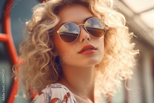 young adult woman outside in the day in nice weather with a relaxed expression on her face and wearing sunglasses, summer dress and a friendly appearance. Generative AI