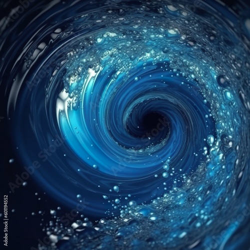A beautiful blue whirlpool with sparkling bubbles, a swirling water effect and a dark background in light sky-blue and navy shades - AI Generative