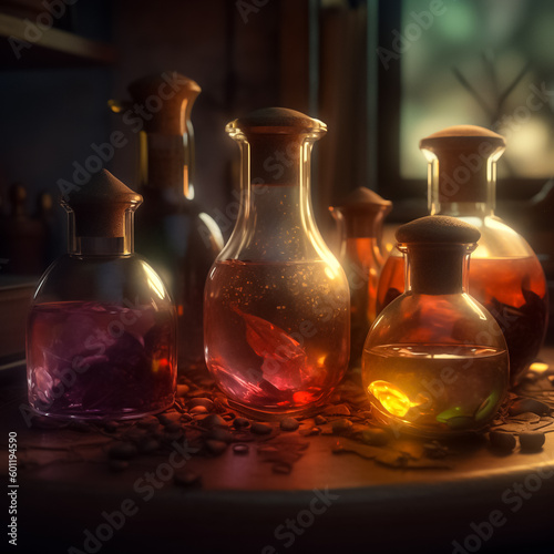 Magical Potion bottles with colorful liquids on an apothecary table made with Generative AI
