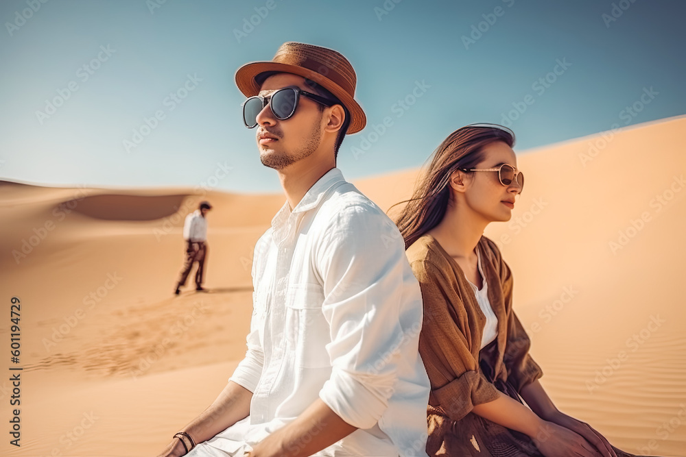 Dubai travel destination. Tourist couple on sunny day in city beautiful nature landscape view. Generative AI. Dubai travel destination. Tourist couple on sunny day in city beautiful nature landscape view. Generative AI.