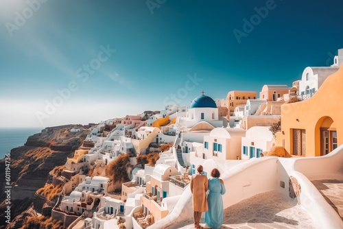 Santorini travel destination. Tourist couple in sunny city beautiful urban landscape view. Generative AI.
